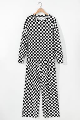 image-Checkered Print Lounge Set - Beige Long Sleeve Top & Pants Set