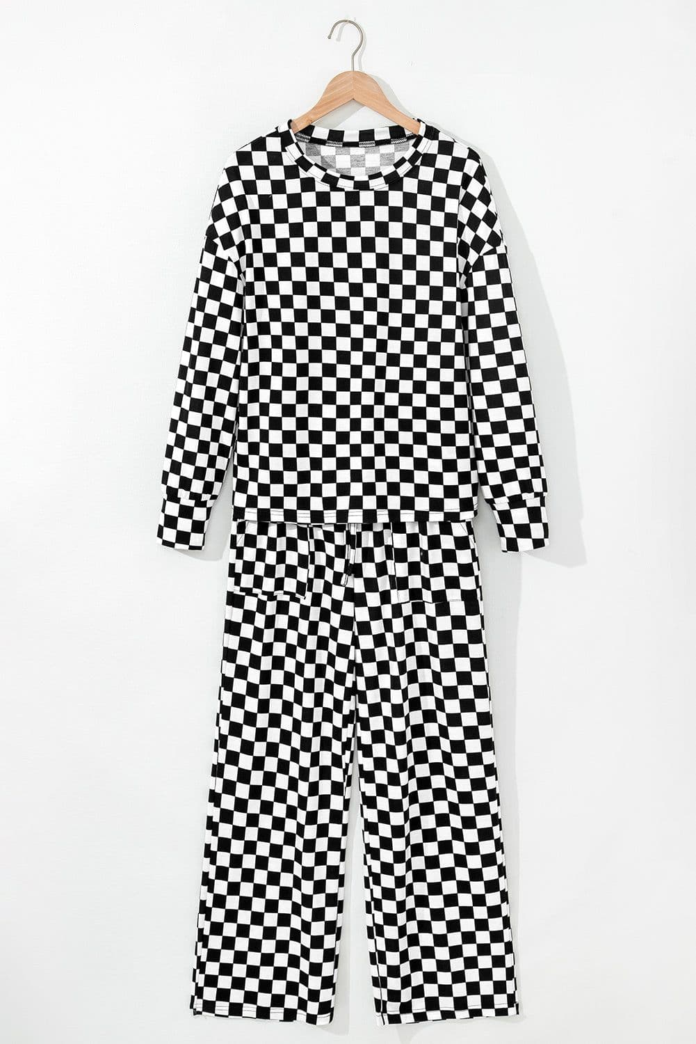 image-Checkered Print Lounge Set - Beige Long Sleeve Top & Pants Set
