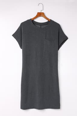 image-Blue Striped Ribbed Knit T-Shirt Shift Dress, Size Chart, Loose Fit, Fashionable Patch Pocket