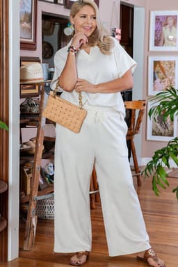 image-Beige Plus Size Textured Collared Top and Pants Set
