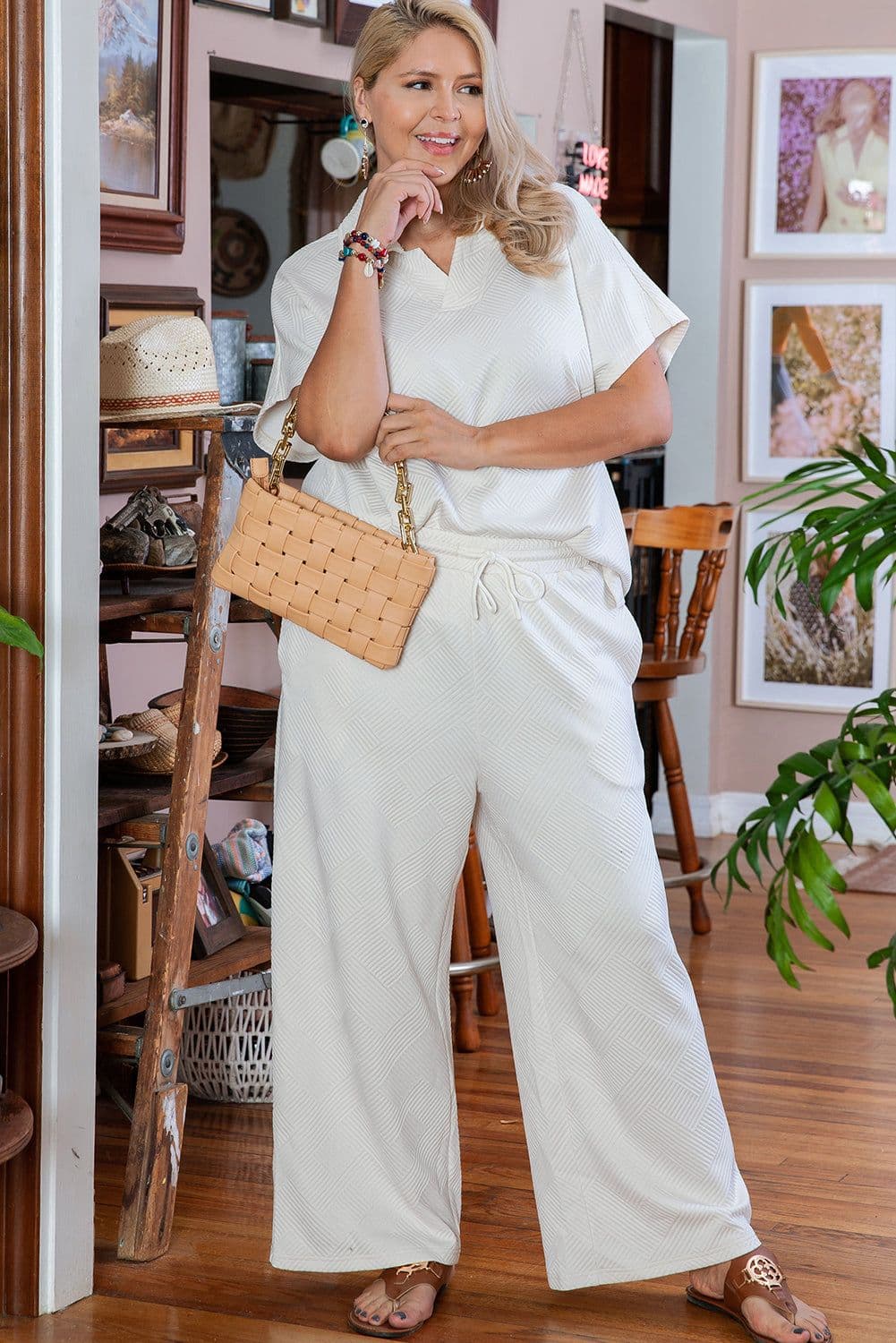 image-Beige Plus Size Textured Collared Top and Pants Set
