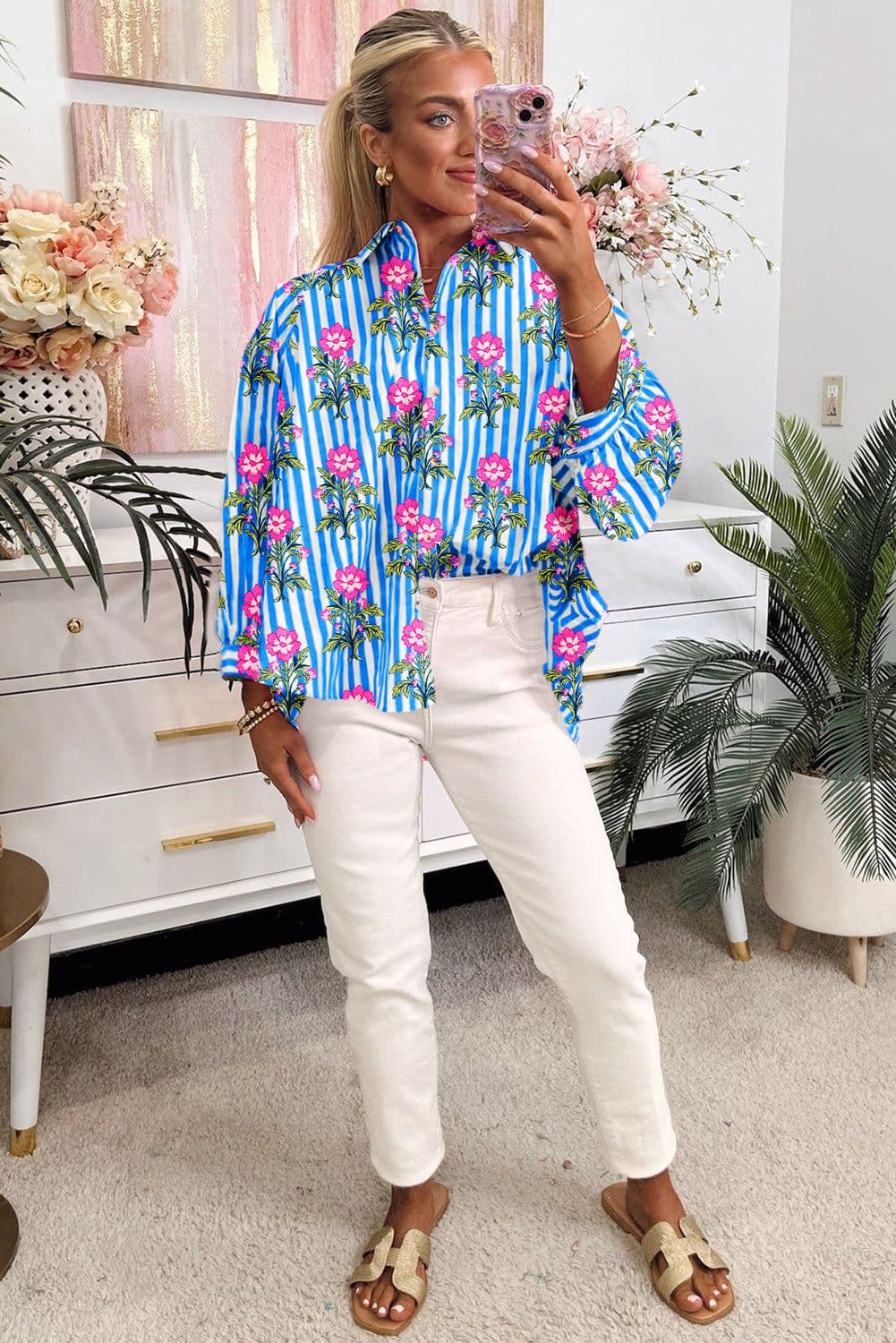 image-Blue Striped Floral Print Buttoned Cuffs Loose Fit Shirt