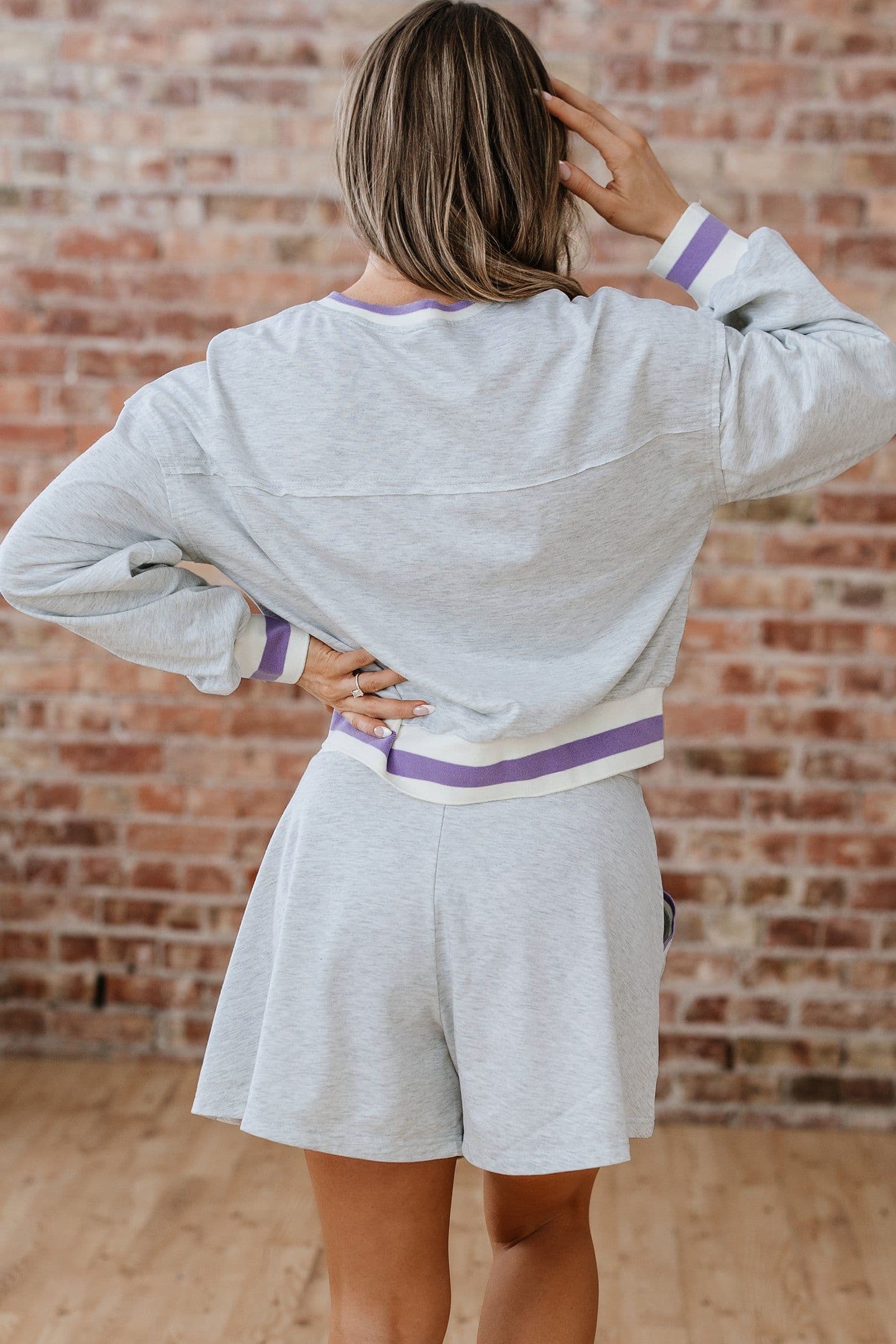 image-Light Grey Striped Cropped Pullover and Athletic Short Set