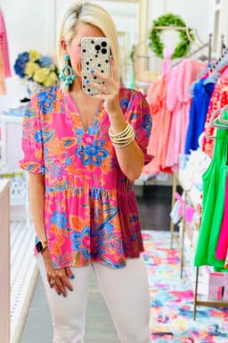 image-Rose Abstract Print Smocked Puff Sleeve V Neck Blouse