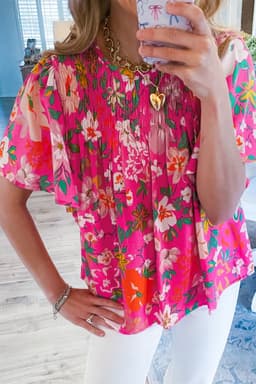 image-Pink Floral Short Sleeve Smocked Blouse