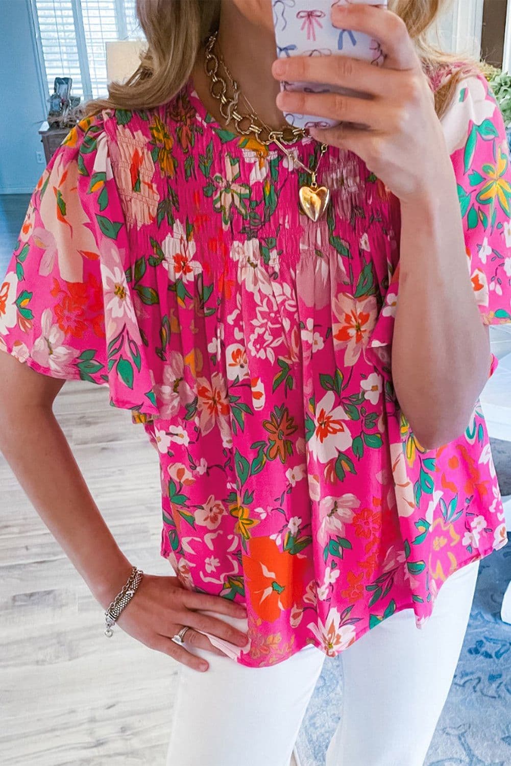 image-Pink Floral Short Sleeve Smocked Blouse