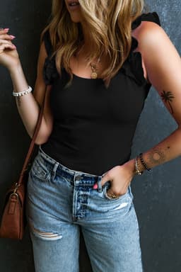 image-Black Ruffled Wide Straps Slim Tank Top