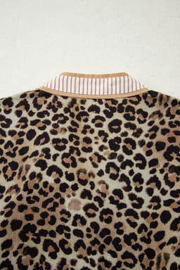 image-Khaki Contrast Striped Trim V Neck Leopard Shirt