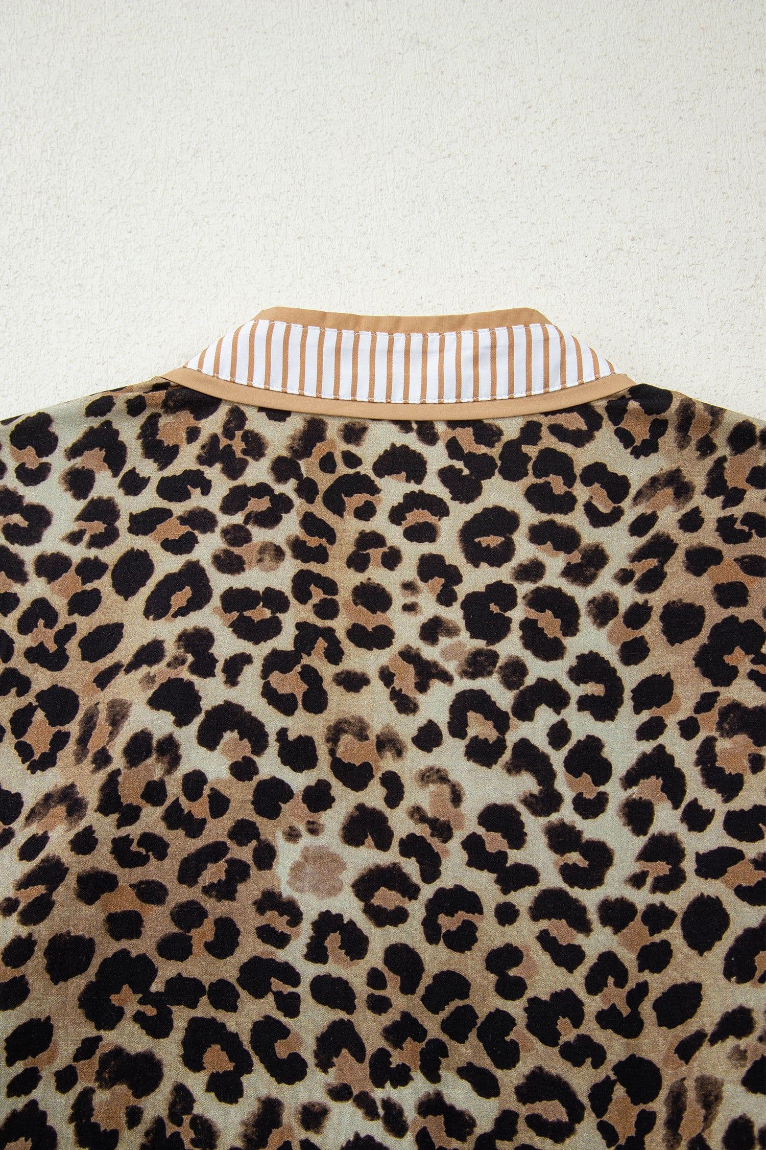 image-Khaki Contrast Striped Trim V Neck Leopard Shirt