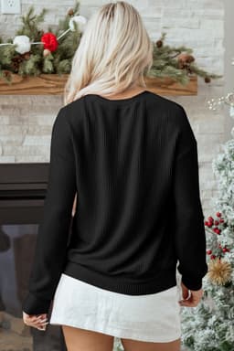image-Blackish Green Twisted Rib Outlined Merry Letter Graphic Loose Long Sleeve Top