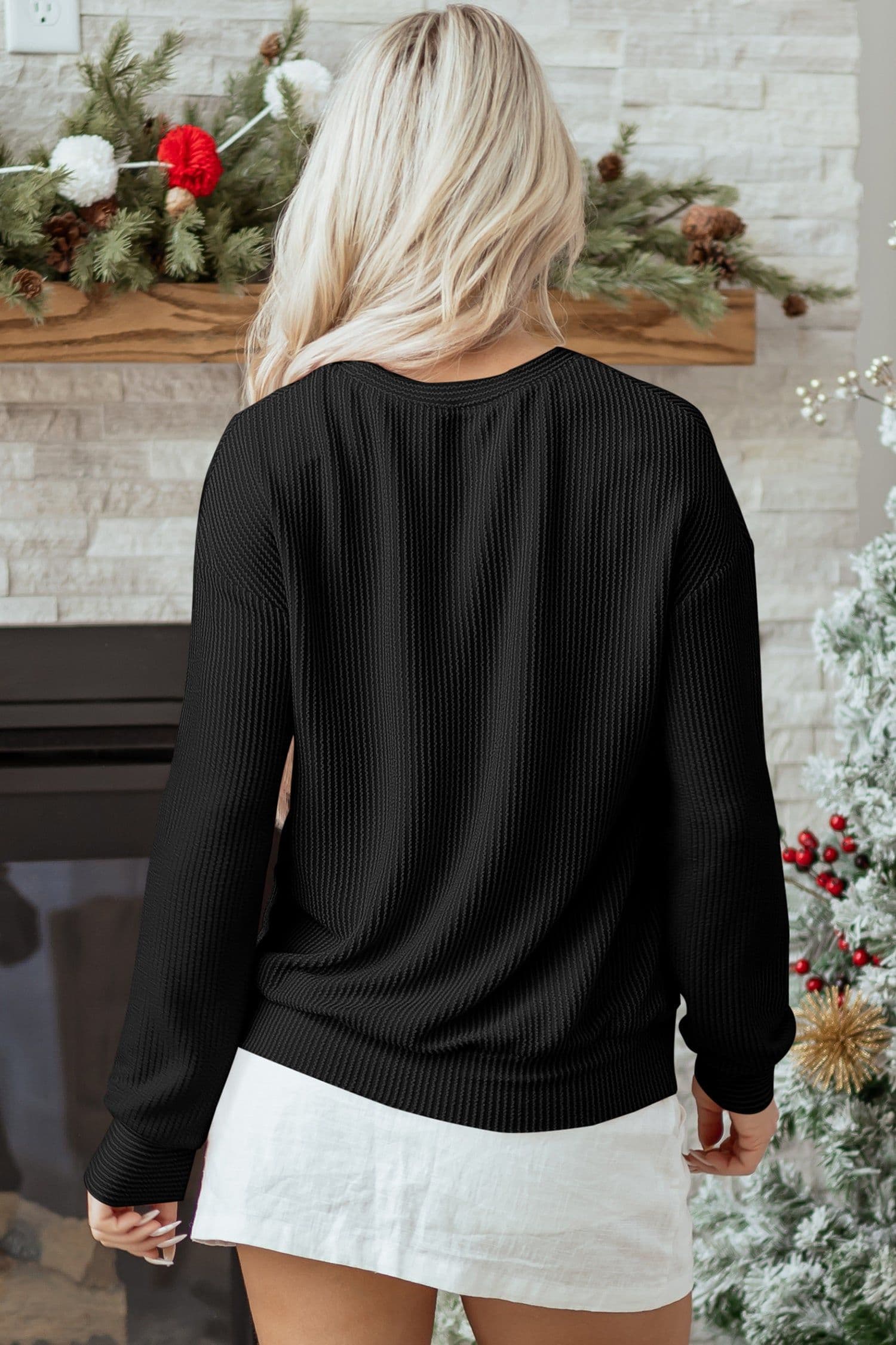 image-Blackish Green Twisted Rib Outlined Merry Letter Graphic Loose Long Sleeve Top