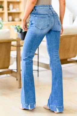 image-Sky Blue Distressed Medium Wash Flare Jeans (65 characters)