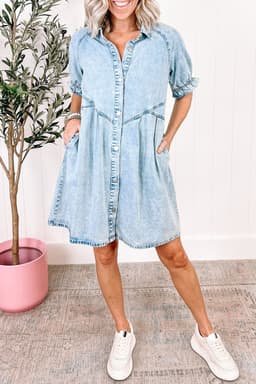 image-Beau Blue Mineral Wash Ruffled Denim Dress