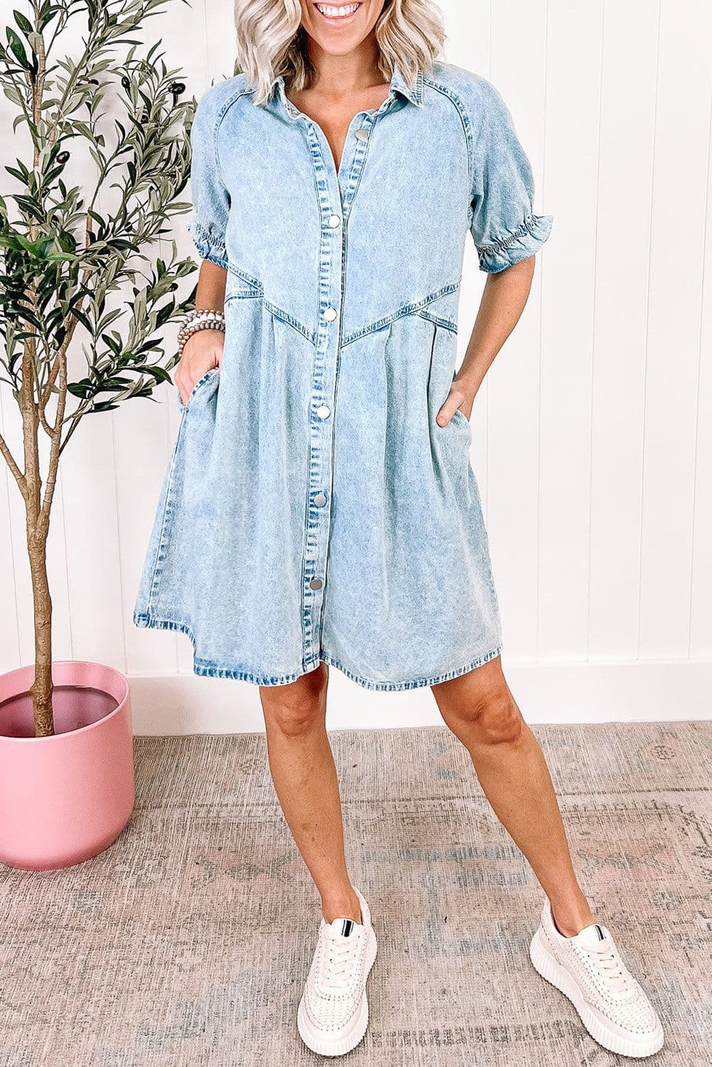image-Beau Blue Mineral Wash Ruffled Denim Dress