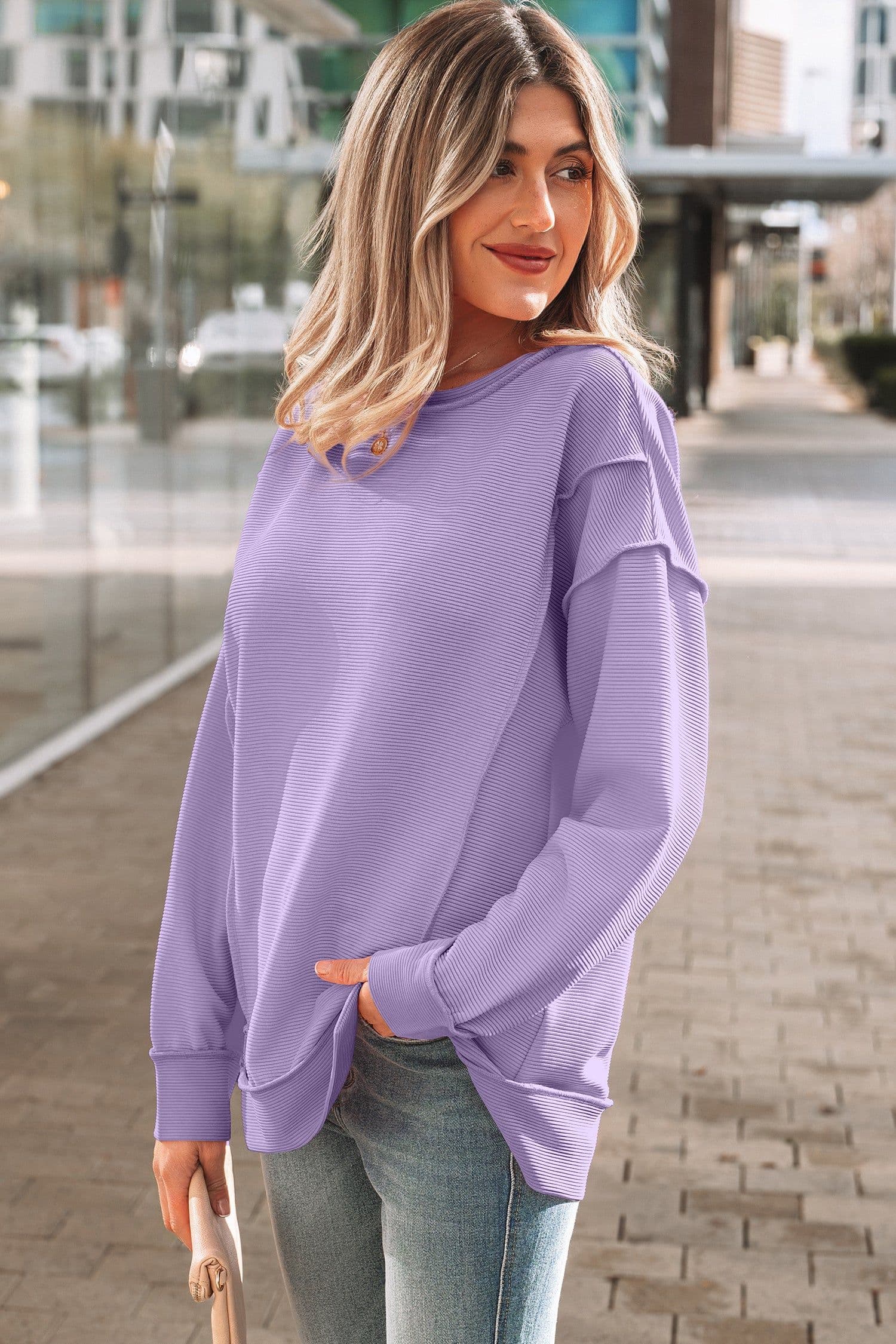 image-Sea Green Horizontal Ribbed Exposed Seam Detail Drop Shoulder Baggy Pullover