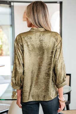 image-Gold Metallic Split Neck Half Sleeve Blouse