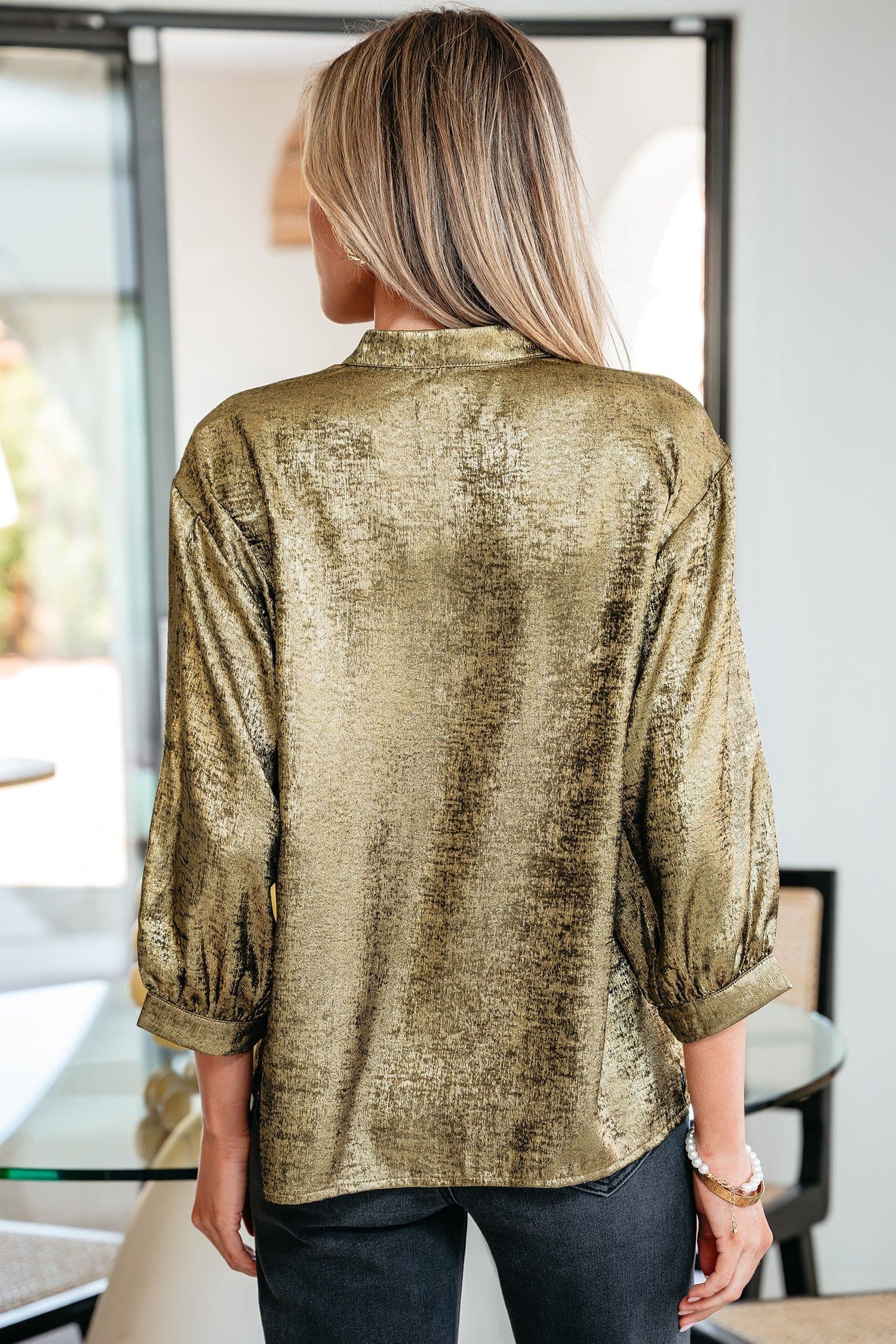 image-Gold Metallic Split Neck Half Sleeve Blouse