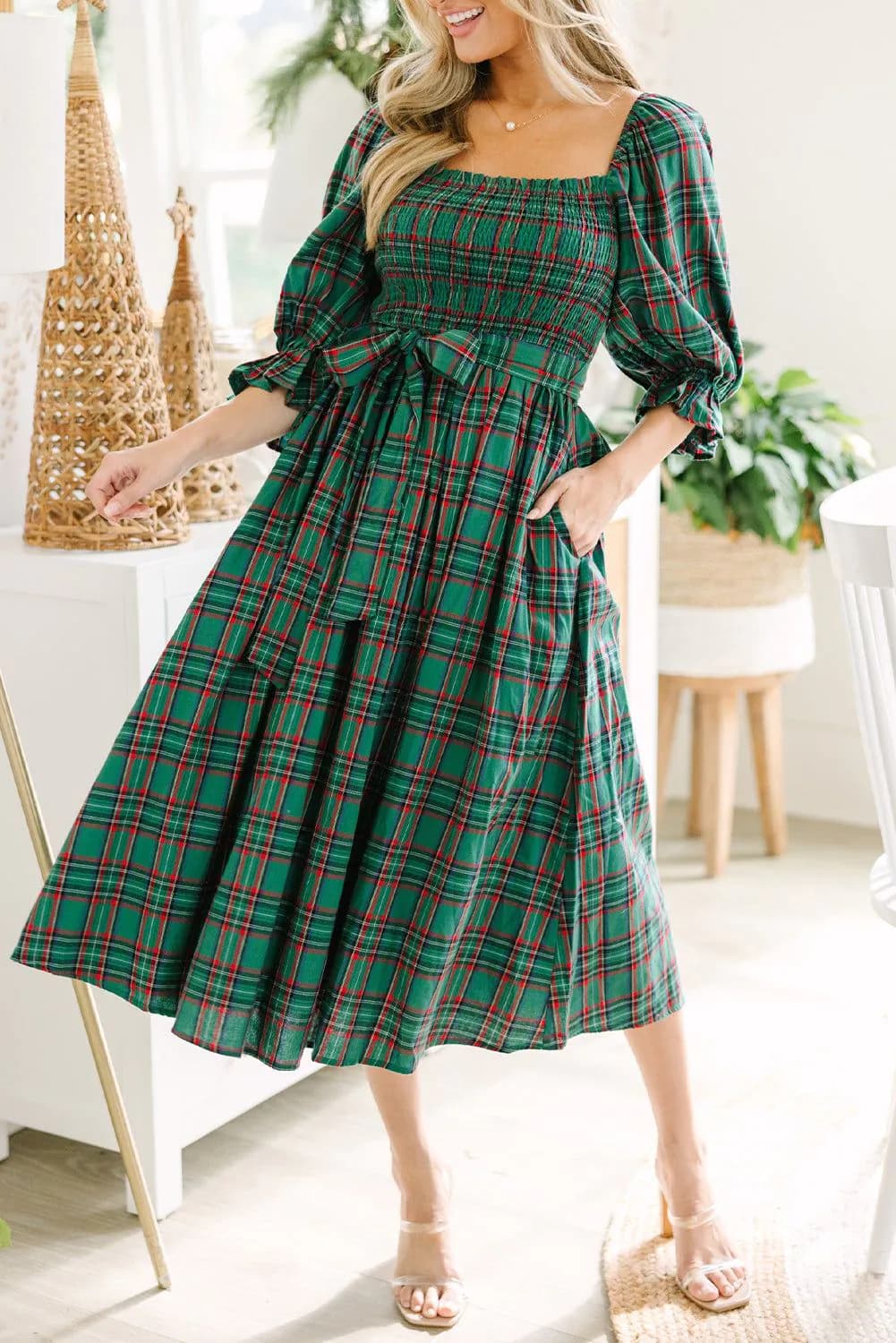 image-Green Tartan Plaid Square Neck Puff Sleeve Knot Waist Flared Midi Dress
