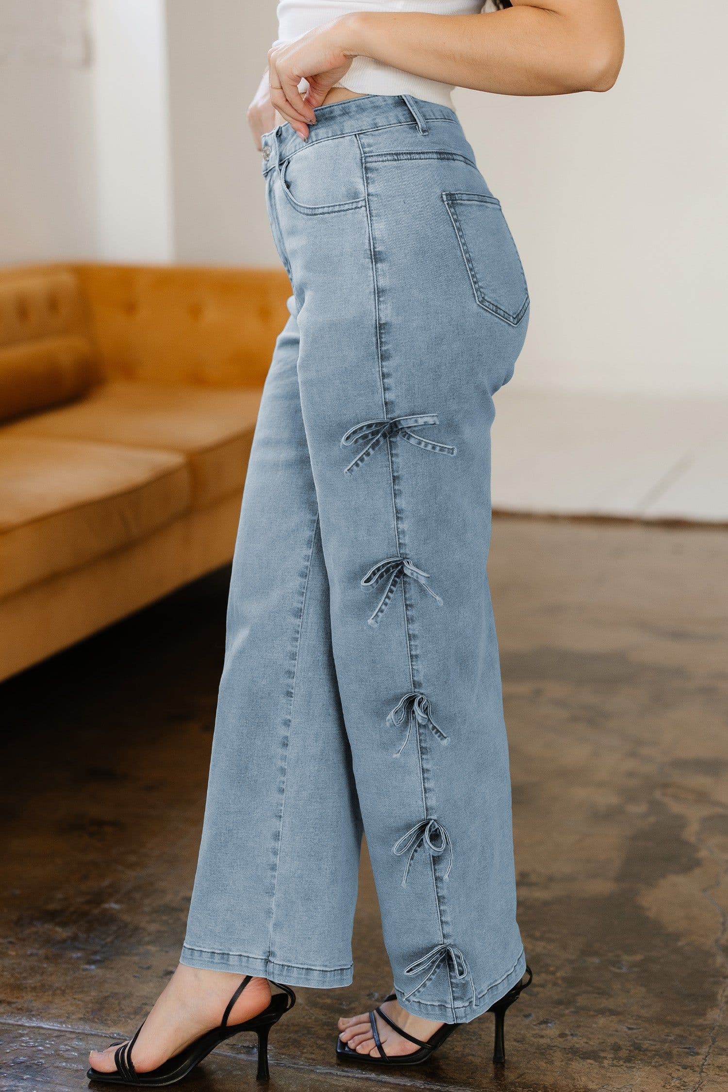 image-Beau Blue Bow Knot Jeans - Women's Loose Straight