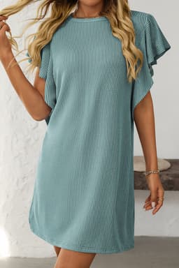 image-Canton Ruffle Sleeve Shift Dress - Elegant Crew Neck Design, Corded Style