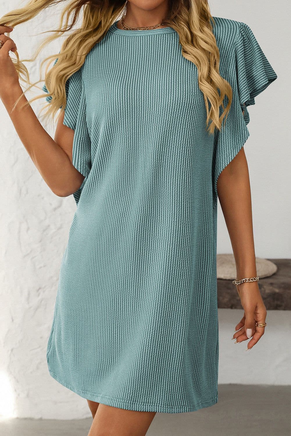 image-Canton Ruffle Sleeve Shift Dress - Elegant Crew Neck Design, Corded Style
