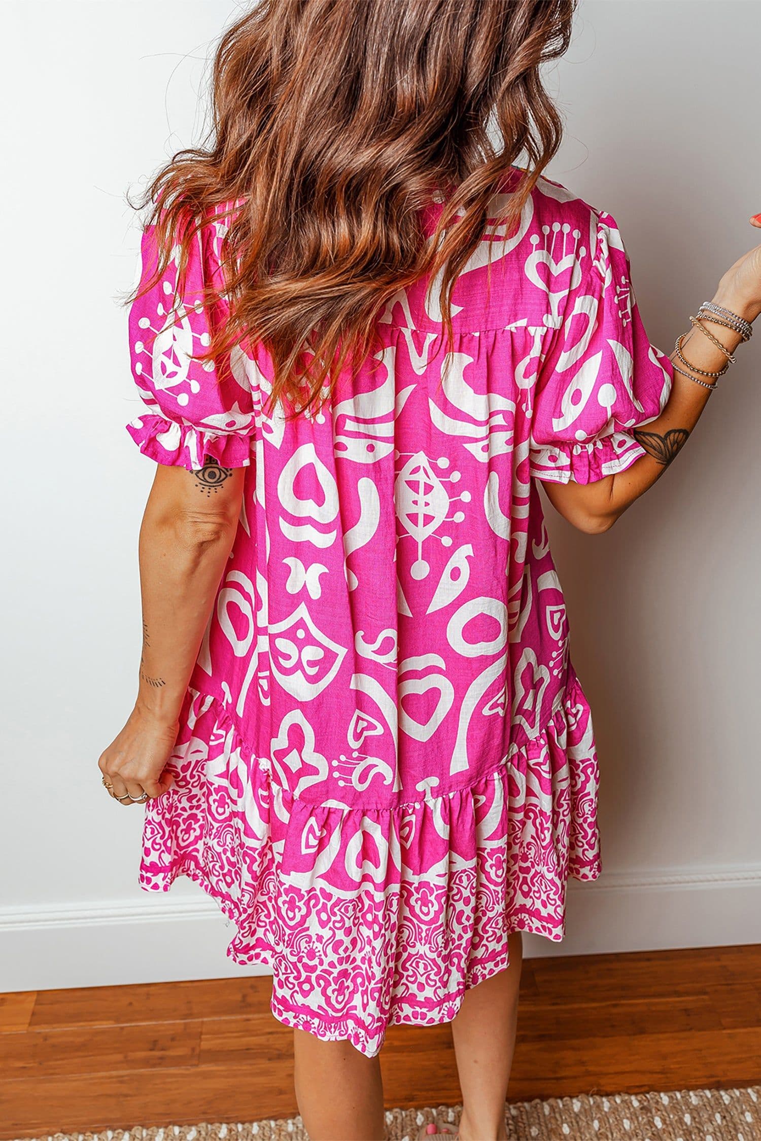 image-Boho Mixed Print V Neck Flared Dress - Short Sleeve - Contrast Trim