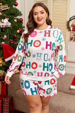 image-White Plus Size Christmas Ho Ho Ho Lounge Set