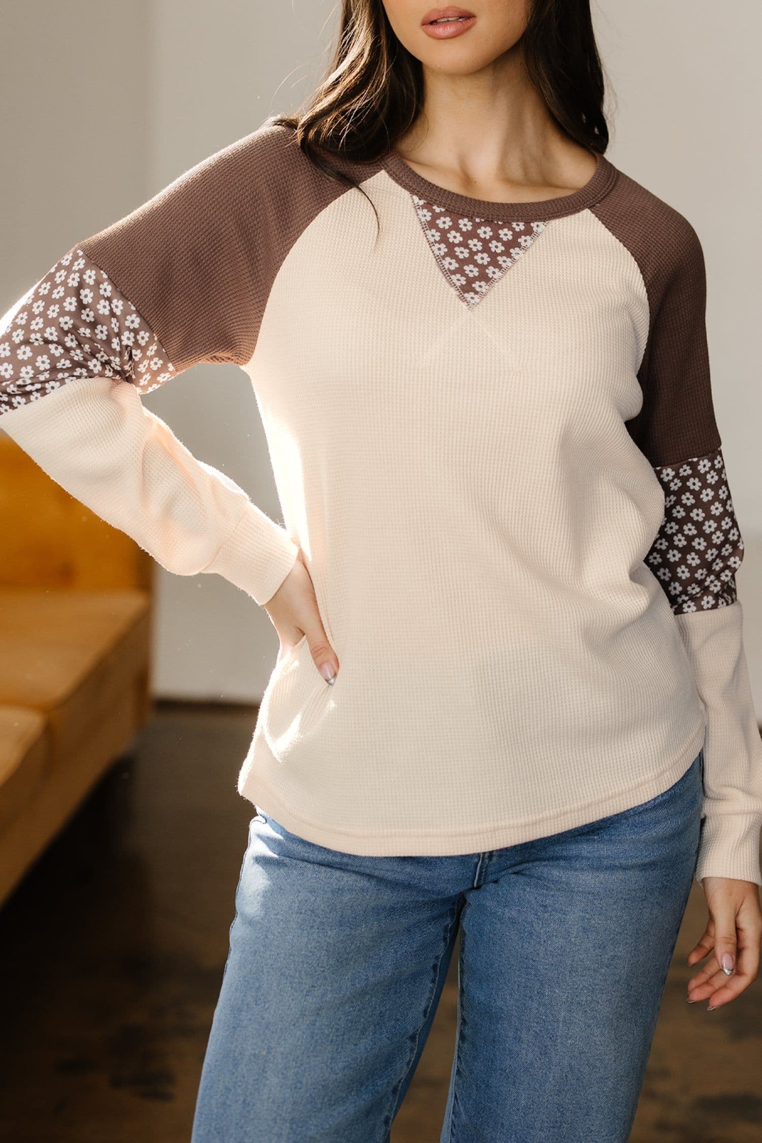 image-Brown Floral Patchwork Long Sleeve Top
