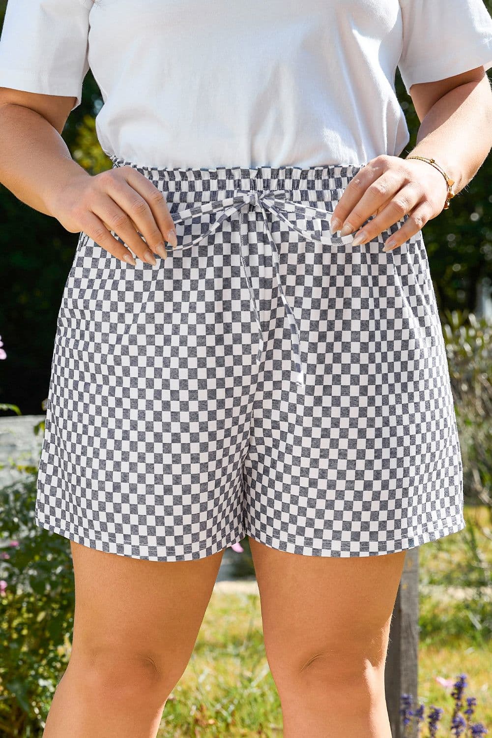 image-Gray Checkerboard Lace-Up High Waist Plus Size Shorts