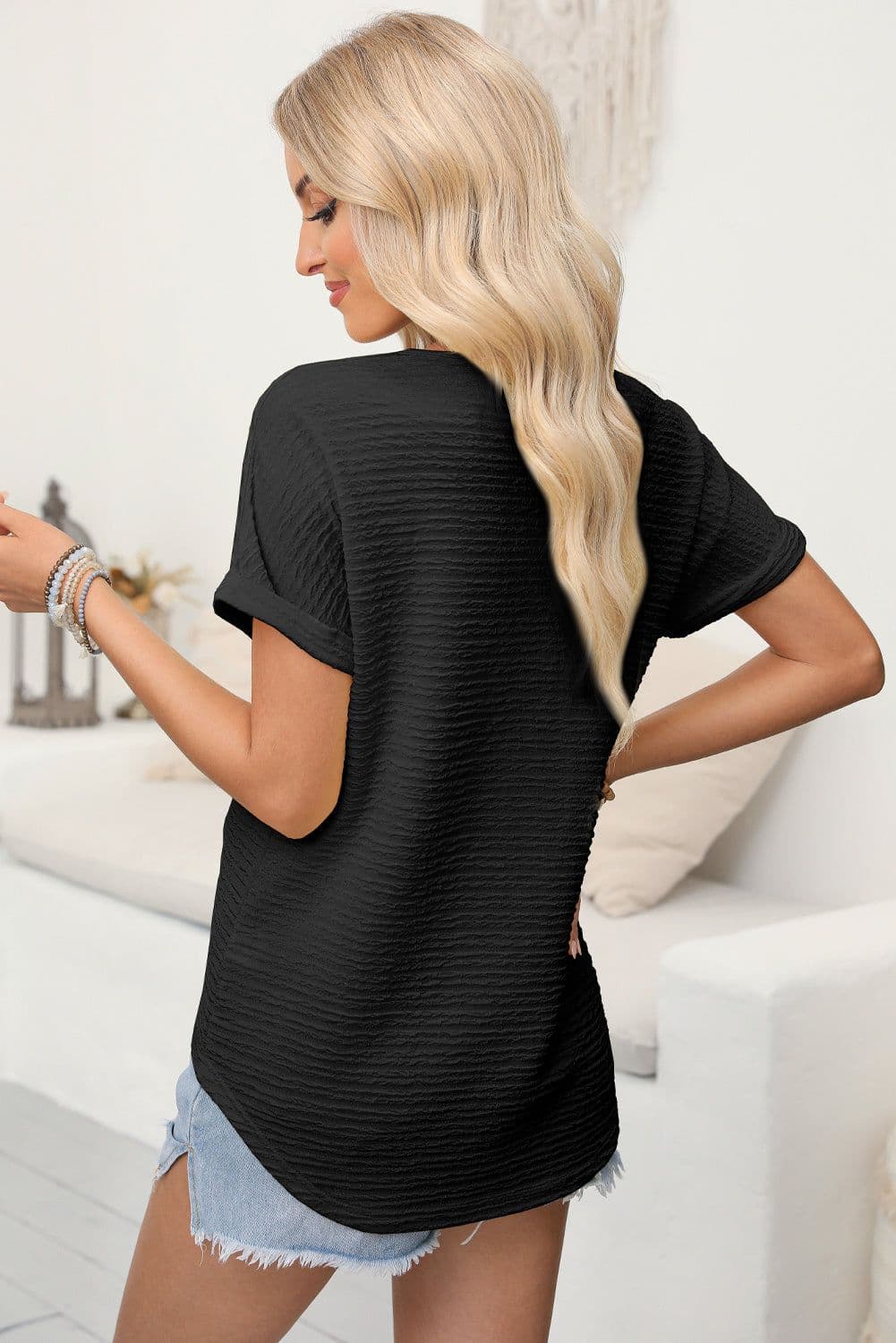 image-Khaki Textured Wide Sleeve V Neck T Shirt