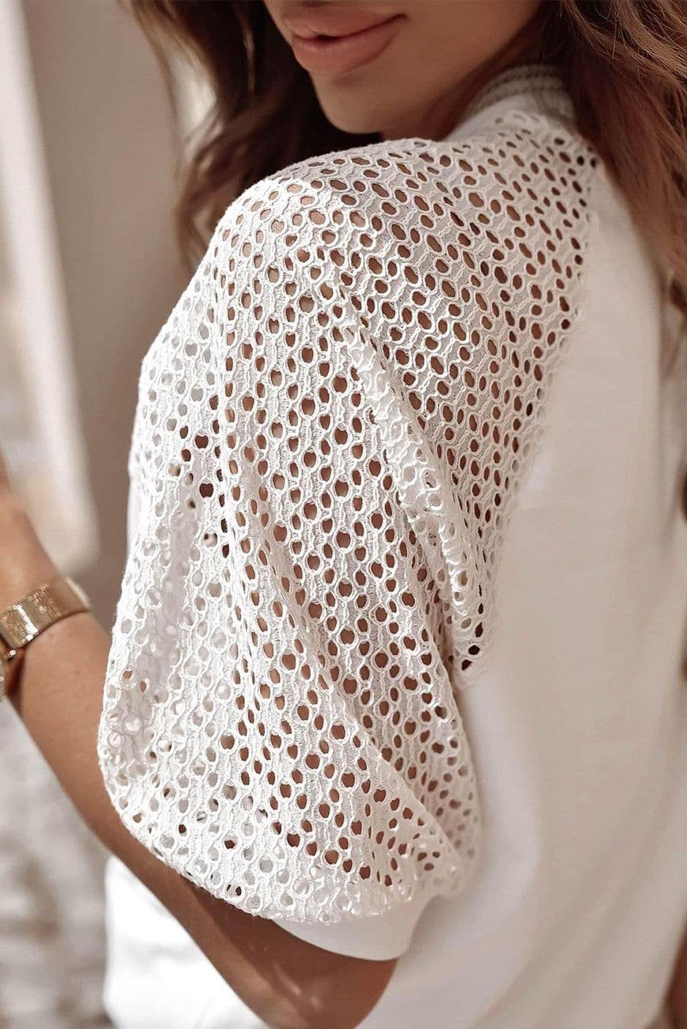 image-White Pointelle Lace Half Sleeve Crew Neck Tee