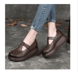 image-Maillard 2024 spring and summer thick heel thick sole casual comfortable breathable hollow single shoes genuine leather round toe soft bottom hole shoes