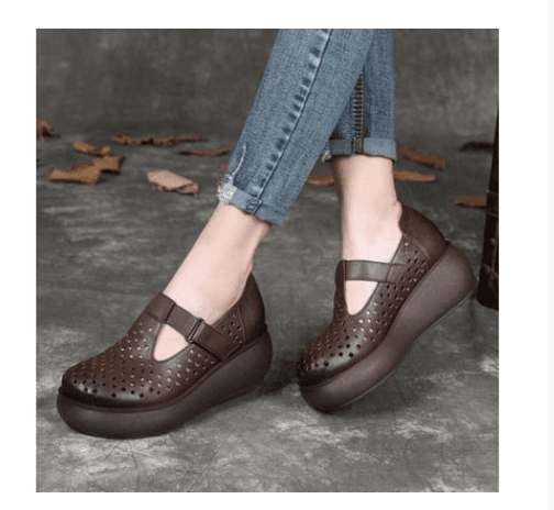 image-Maillard 2024 spring and summer thick heel thick sole casual comfortable breathable hollow single shoes genuine leather round toe soft bottom hole shoes