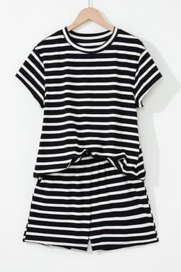 image-Black & White Striped Top & Shorts Set, Short Sleeve, Medium-High Elasticity