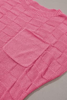 image-Pink Lattice Textured Knit Short Sleeve Sweater - Sizes S-3XL