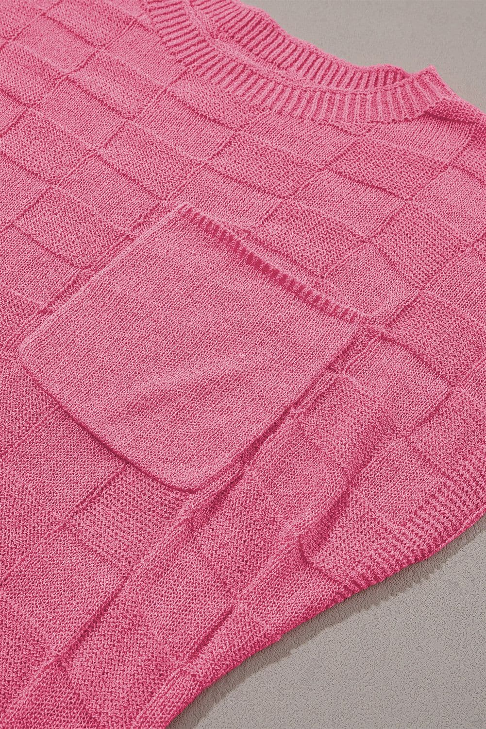 image-Pink Lattice Textured Knit Short Sleeve Sweater - Sizes S-3XL