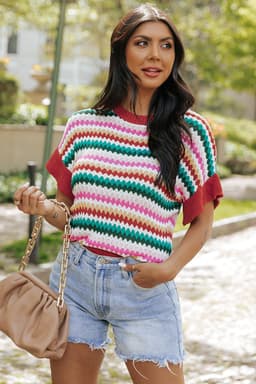 image-Fiery Red Trimmed Ruffle Sleeve Colorful Textured Sweater