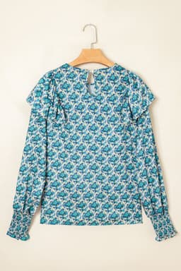 image-Green Abstract Print Shirred Cuff Puff Sleeve Blouse