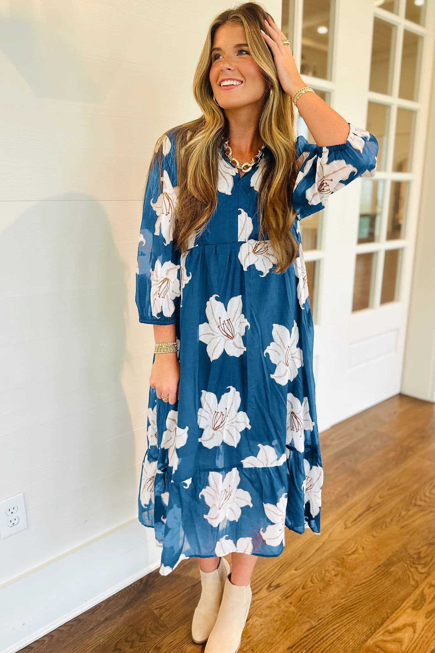 image-Blue Floral Print Shirt Collar V Neck 3/4 Sleeve Shift Midi Dress