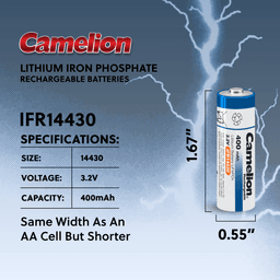 image-Camelion IFR14430 Lithium Iron Phosphate Rechargeable Battery 400mAh