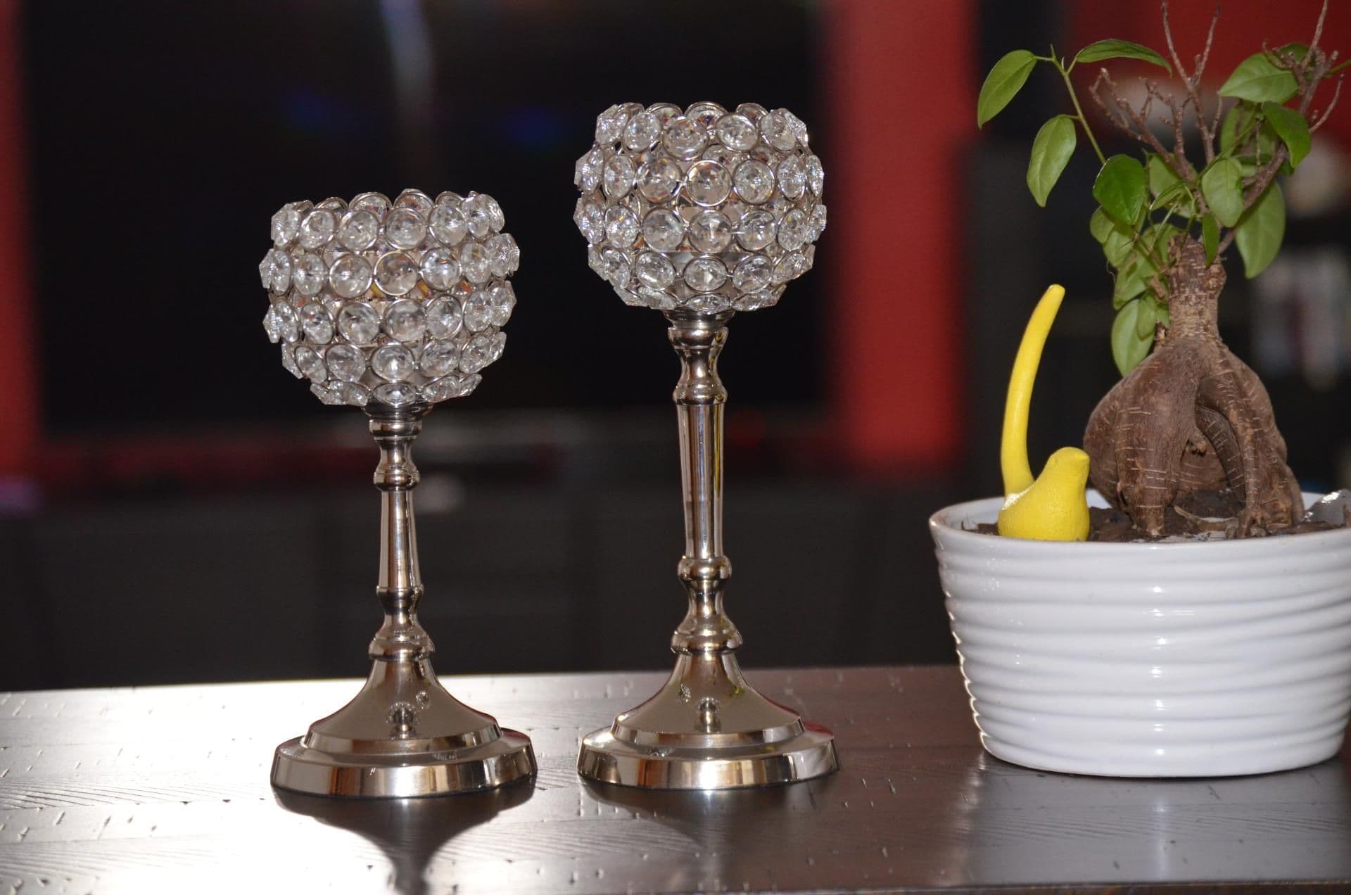 image-Vibhsa Round Crystal Aluminium Candle Holder Set of 2