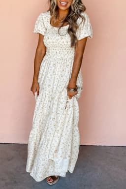 image-White Floral Maxi Dress Shirred Bodice Tiered