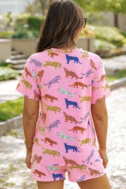 image-Pink Flower Print Short Sleeve High Waist Two Piece Shorts Set