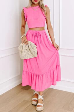 image-Bonbon Textured Ruffle Trim Crop Vest Lace-up Long Skirt Set