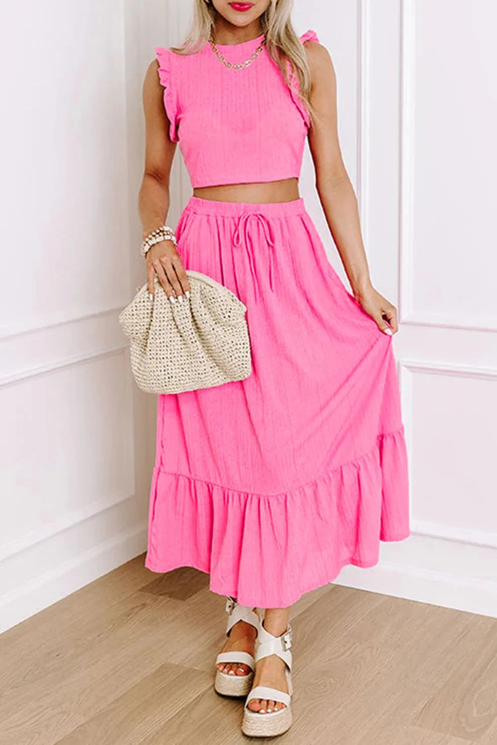 image-Bonbon Textured Ruffle Trim Crop Vest Lace-up Long Skirt Set