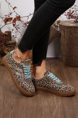 image-Leopard Print Faux Suede Lace Up Sneakers - Coffee Brown