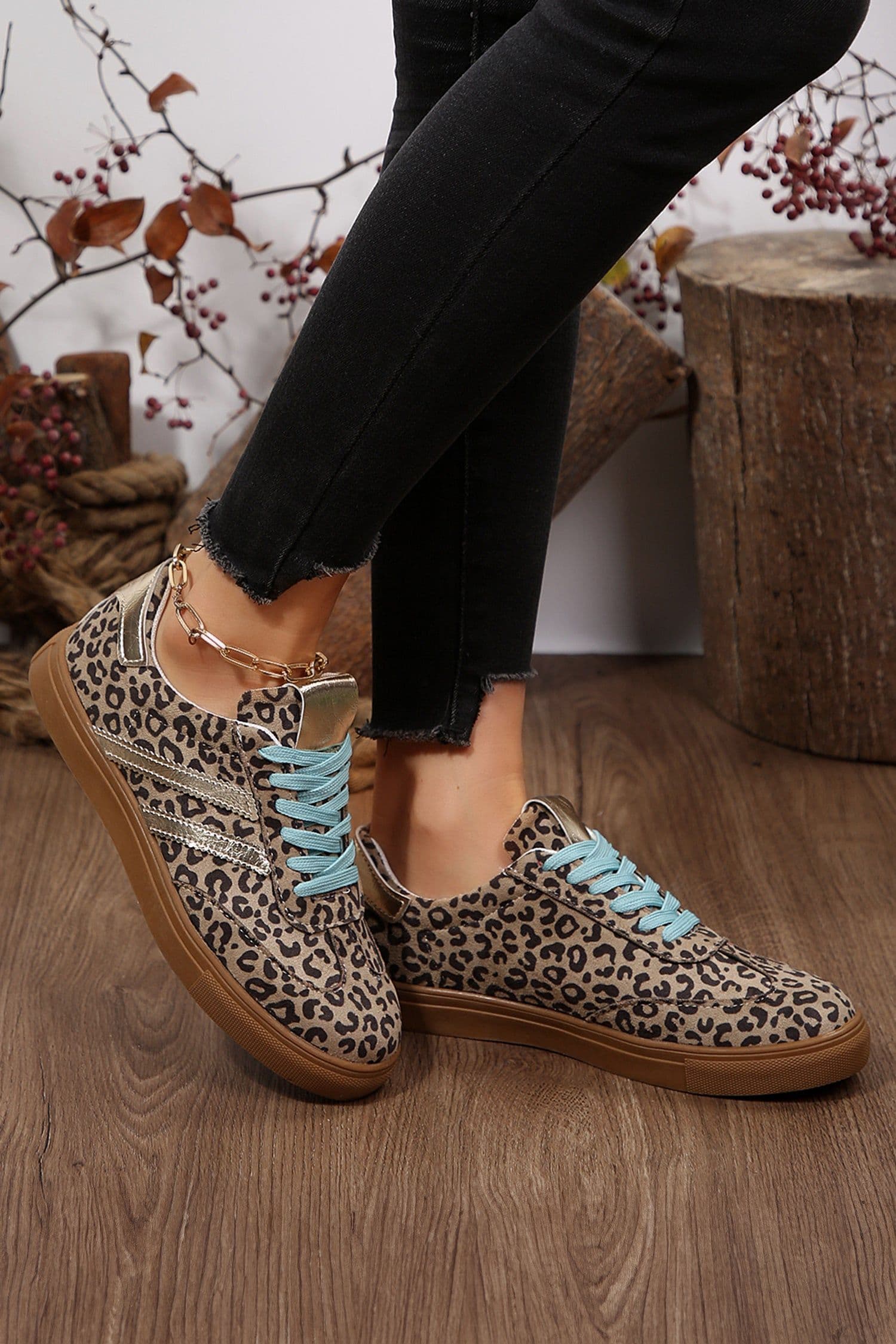 image-Leopard Print Faux Suede Lace Up Sneakers - Coffee Brown