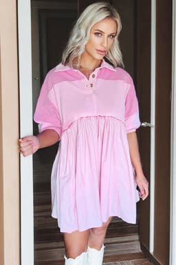 image-Pink Raw Seam Color Block Patchwork Button Polo Collar Mini Dress