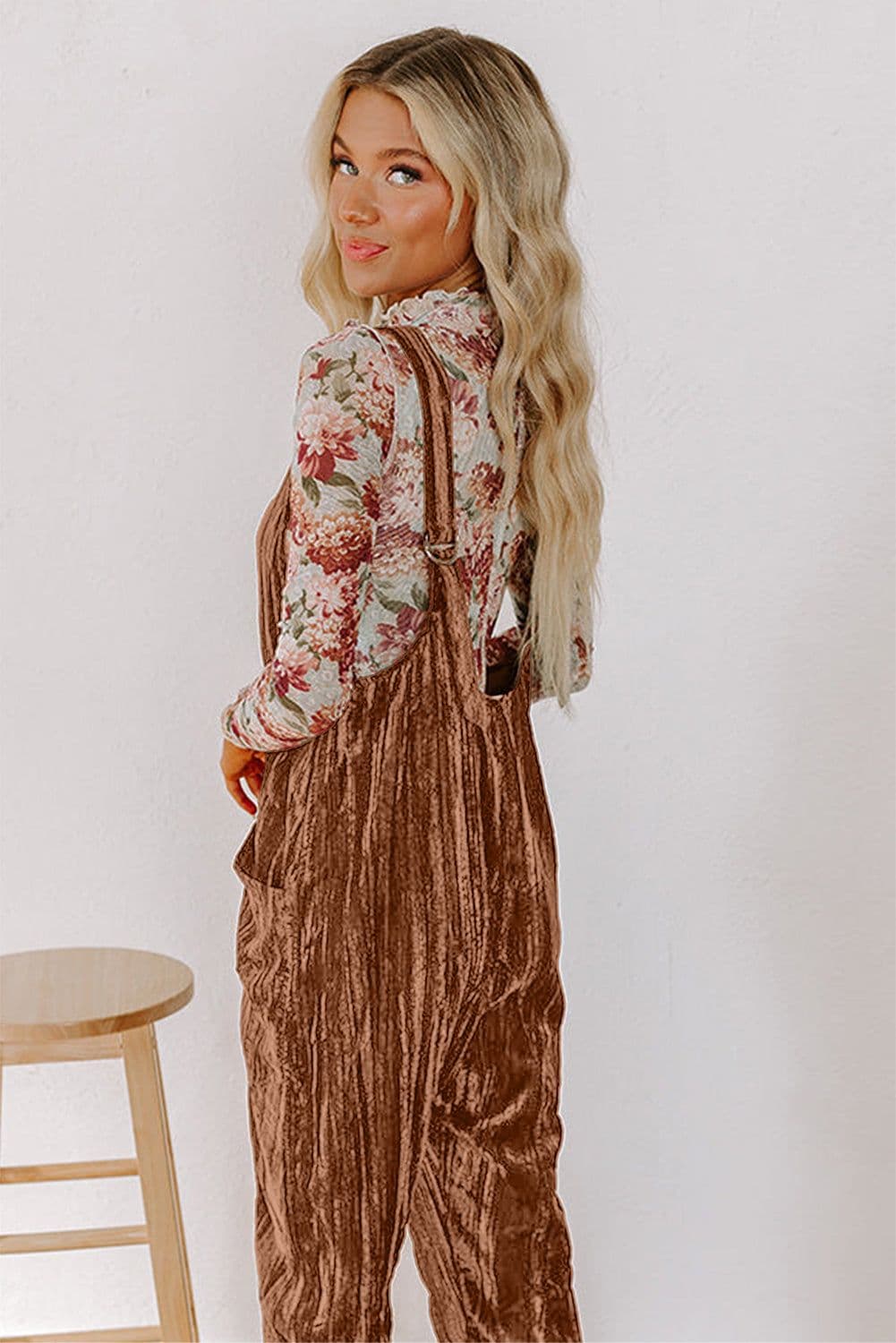 image-Chicory Coffee Velvet Jumpsuit Adjustable Straps