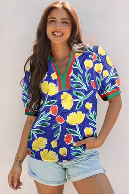 image-Blue Wild Floral Printed Contrast Striped Patchwork V Neck Short Sleeve Blouse